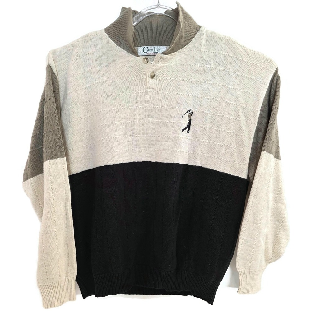 Vintage Cypress Links Sweater Mens XL Beige Black Golf Mock Neck‎ Pullover USA